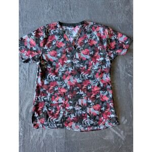 Carhartt Force Women Red Floral Leaf Scrub Top V-Neck Medical Workwear Small